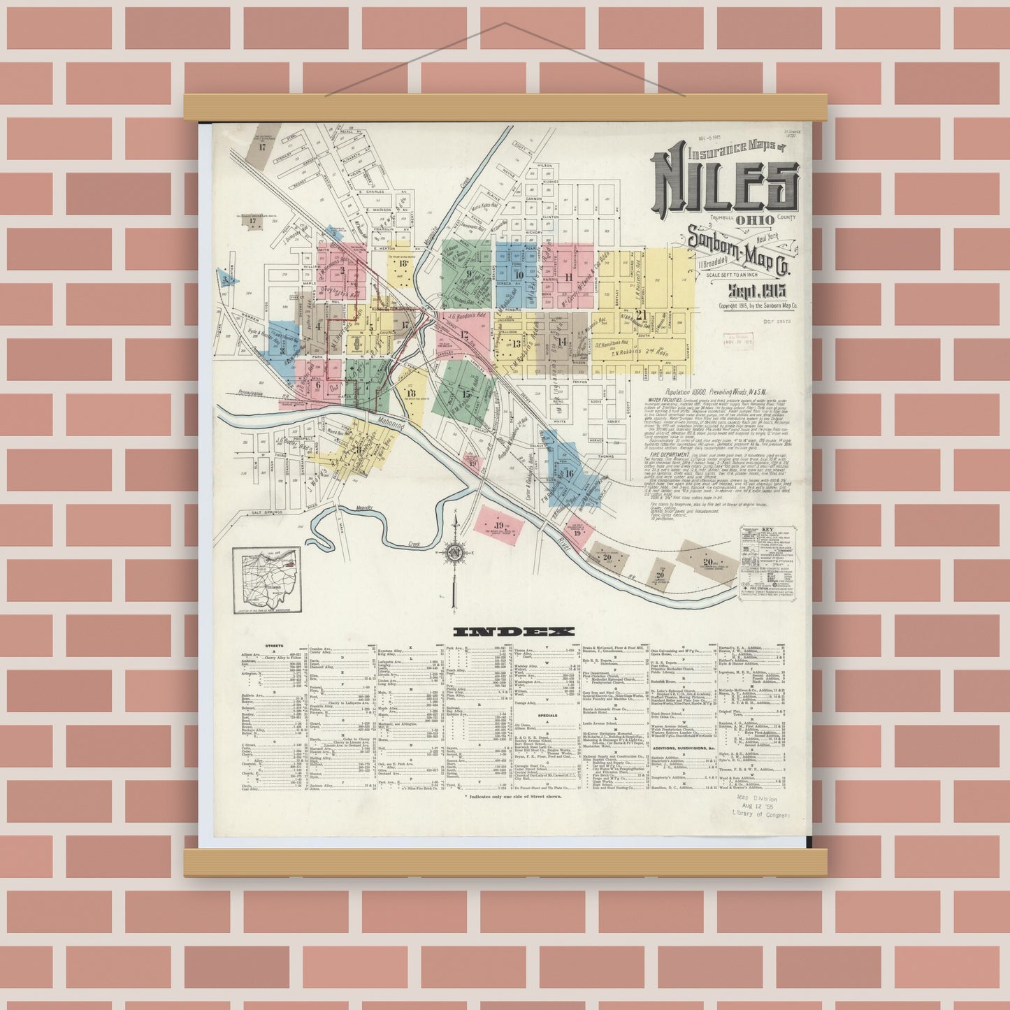 Old map wall art mockup — magnetic wood frame on brick wall — Sanborn Fire Insurance Map from Niles, Trumbull County, Ohio (1915), Sheet #0001