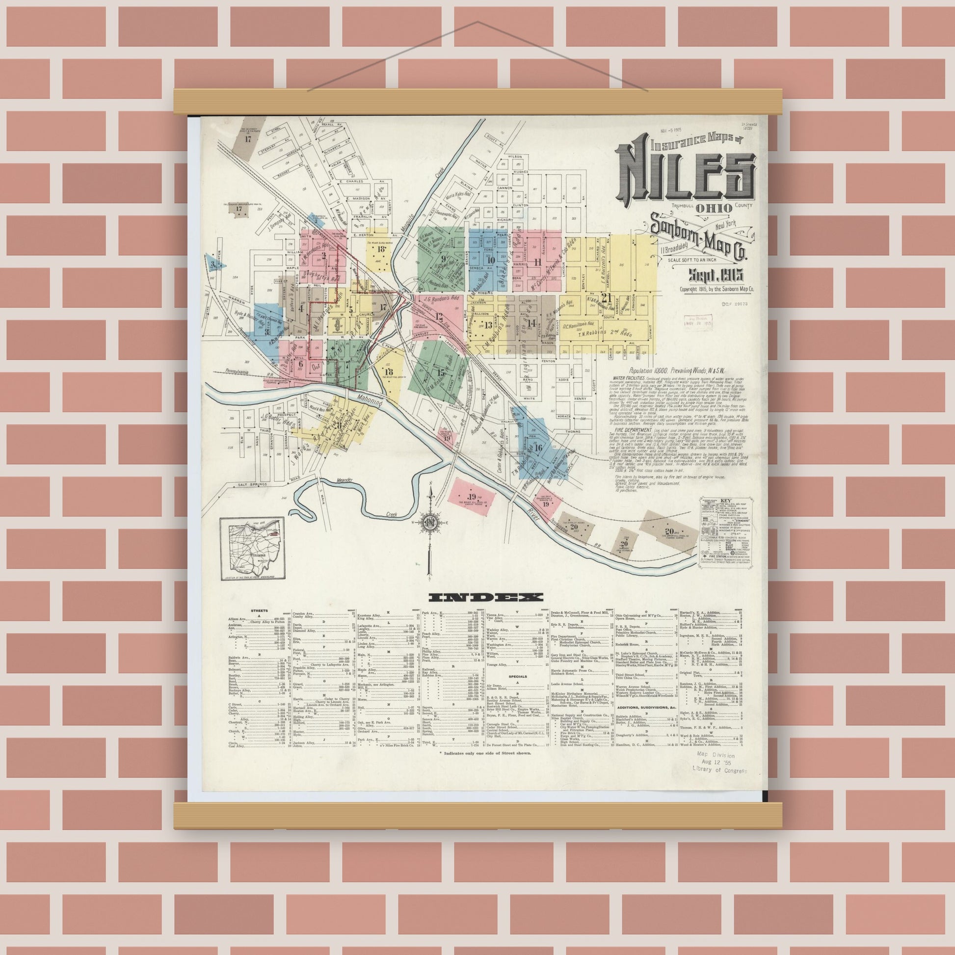Old map wall art mockup — magnetic wood frame on brick wall — Sanborn Fire Insurance Map from Niles, Trumbull County, Ohio (1915), Sheet #0001