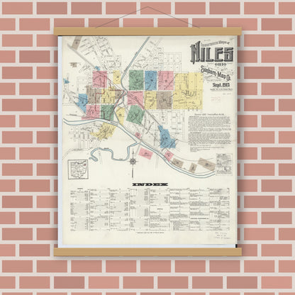 Old map wall art mockup — magnetic wood frame on brick wall — Sanborn Fire Insurance Map from Niles, Trumbull County, Ohio (1915), Sheet #0001