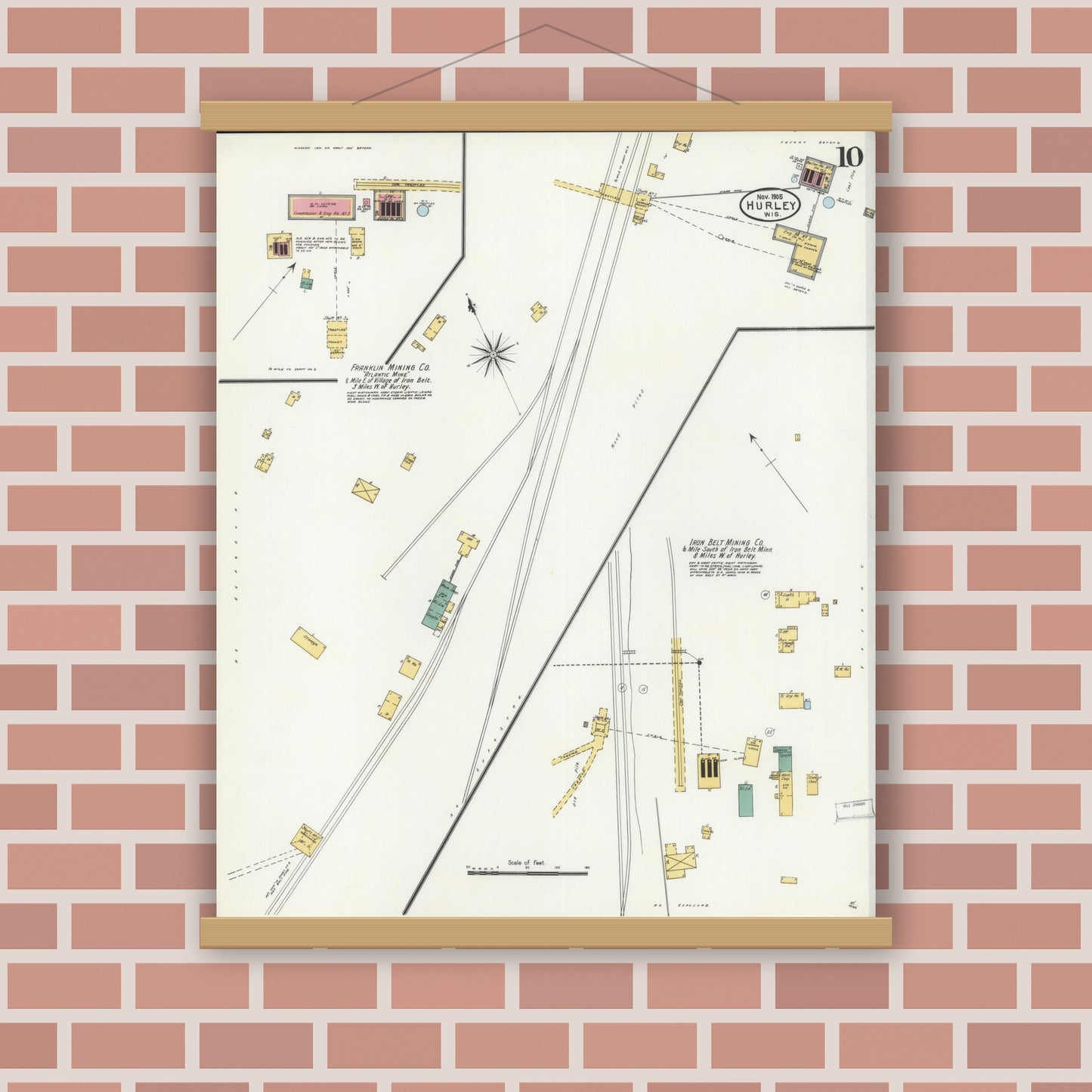 Old map wall art mockup — magnetic wood frame on brick wall — Sanborn Fire Insurance Map from Hurley, Iron County, Wisconsin (1905), Sheet #0010