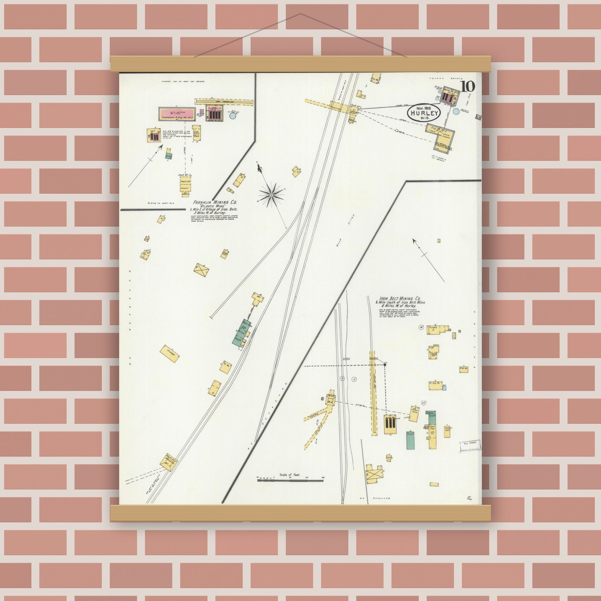Old map wall art mockup — magnetic wood frame on brick wall — Sanborn Fire Insurance Map from Hurley, Iron County, Wisconsin (1905), Sheet #0010