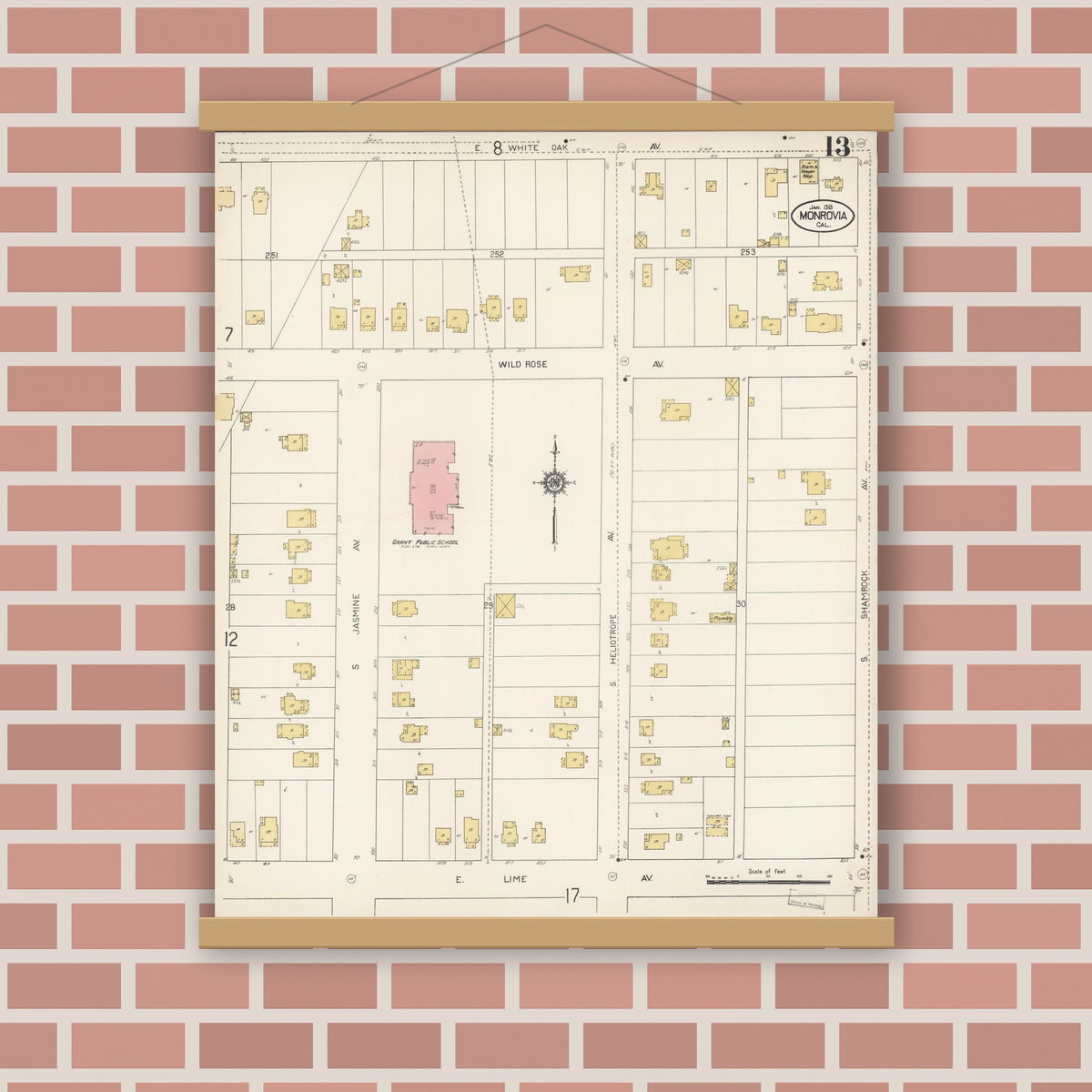 Old map wall art mockup — magnetic wood frame on brick wall — Sanborn Fire Insurance Map from Monrovia, Los Angeles County, California (1913), Sheet #0013