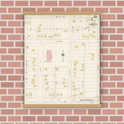 Old map wall art mockup — magnetic wood frame on brick wall — Sanborn Fire Insurance Map from Monrovia, Los Angeles County, California (1913), Sheet #0013