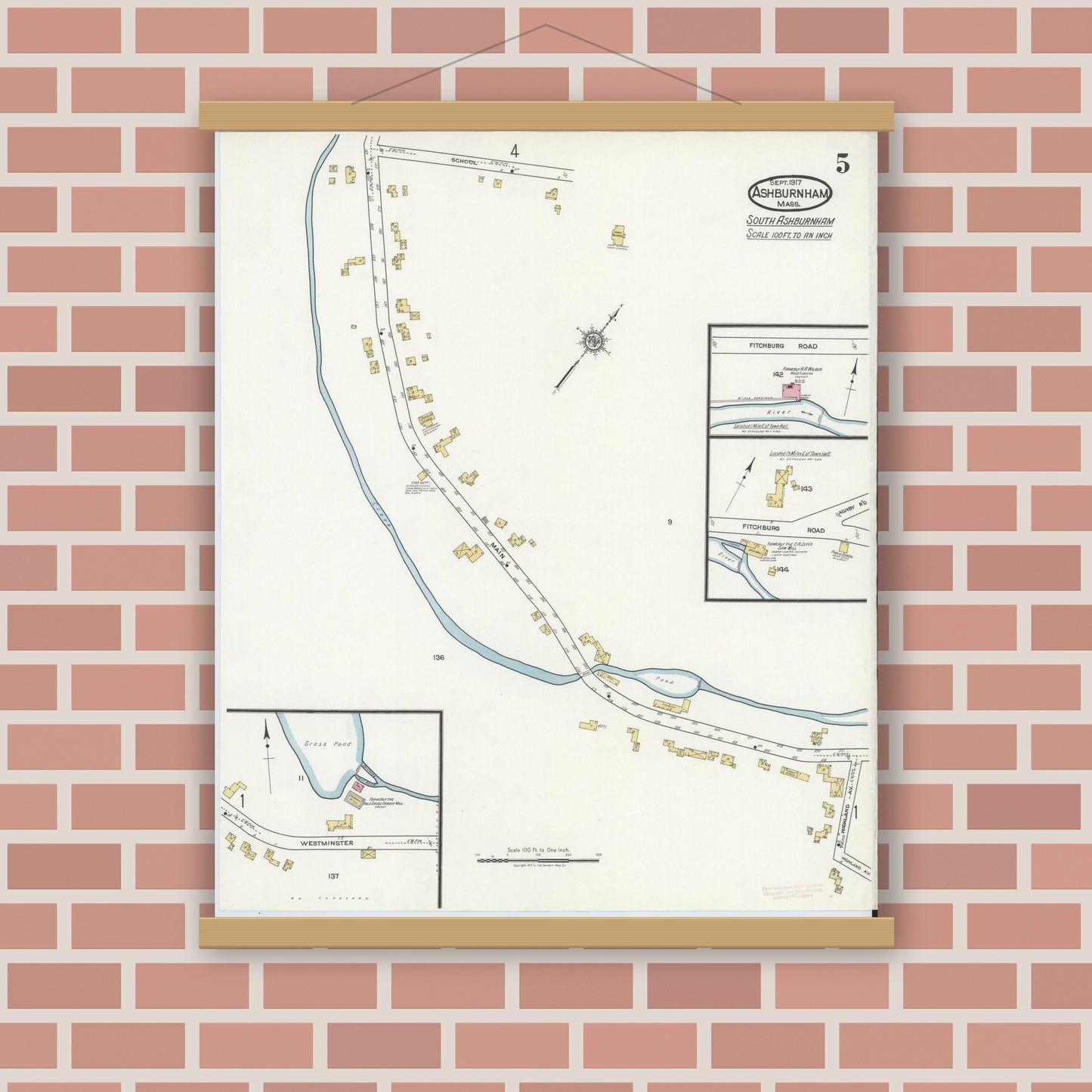 Old map wall art mockup — magnetic wood frame on brick wall — Sanborn Fire Insurance Map from Ashburnham, Worcester County, Massachusetts (1917), Sheet #0005