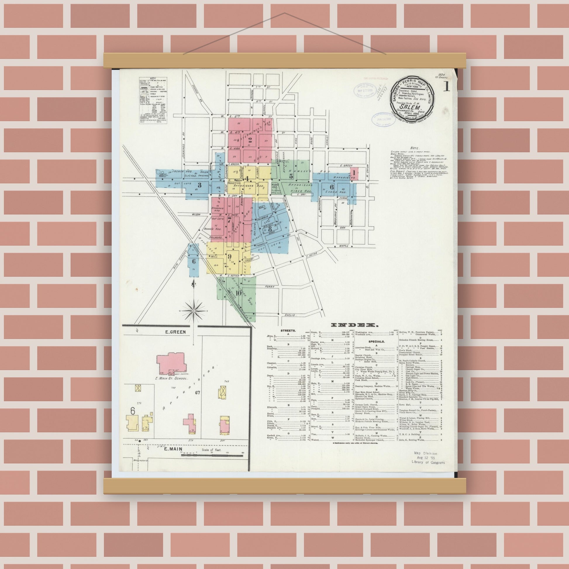 Old map wall art mockup — magnetic wood frame on brick wall — Sanborn Fire Insurance Map from Salem, Columbiana County, Ohio (1898) - Complete Map Set