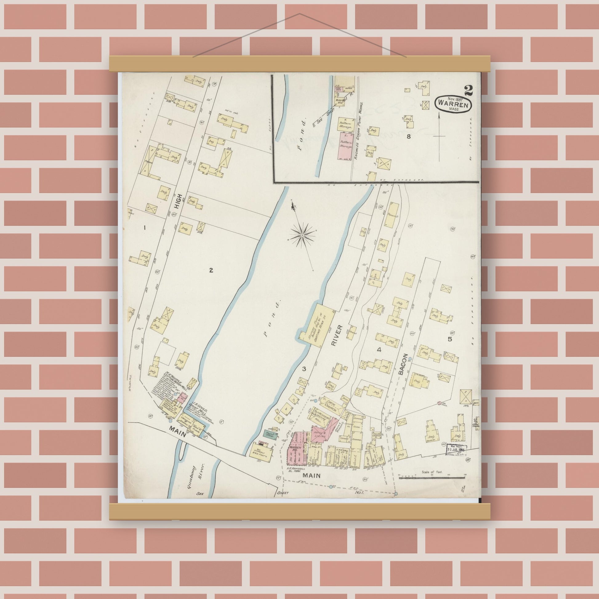 Old map wall art mockup — magnetic wood frame on brick wall — Sanborn Fire Insurance Map from Warren, Worcester County, Massachusetts (1887), Sheet #0002