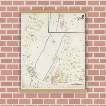 Old map wall art mockup — magnetic wood frame on brick wall — Sanborn Fire Insurance Map from Warren, Worcester County, Massachusetts (1887), Sheet #0002