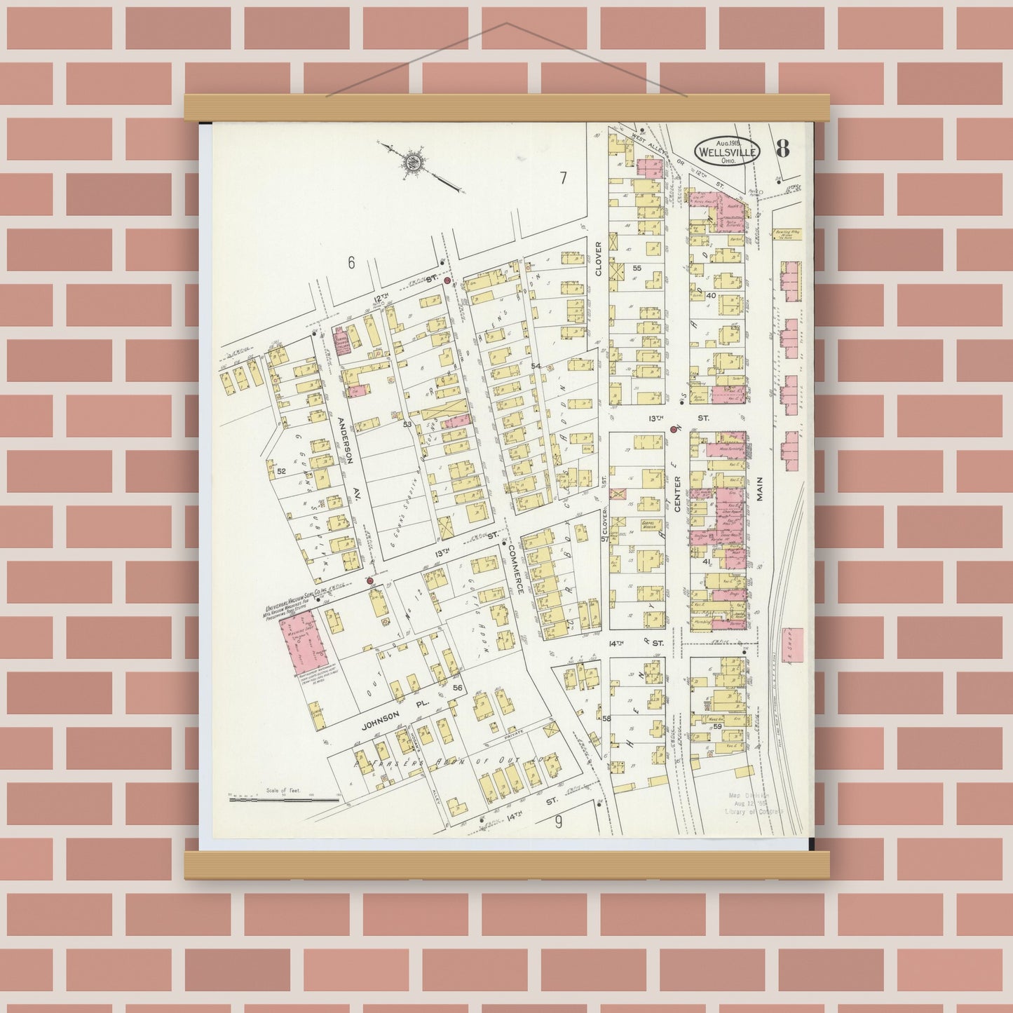 Old map wall art mockup — magnetic wood frame on brick wall — Sanborn Fire Insurance Map from Wellsville, Columbiana County, Ohio (1915), Sheet #0008