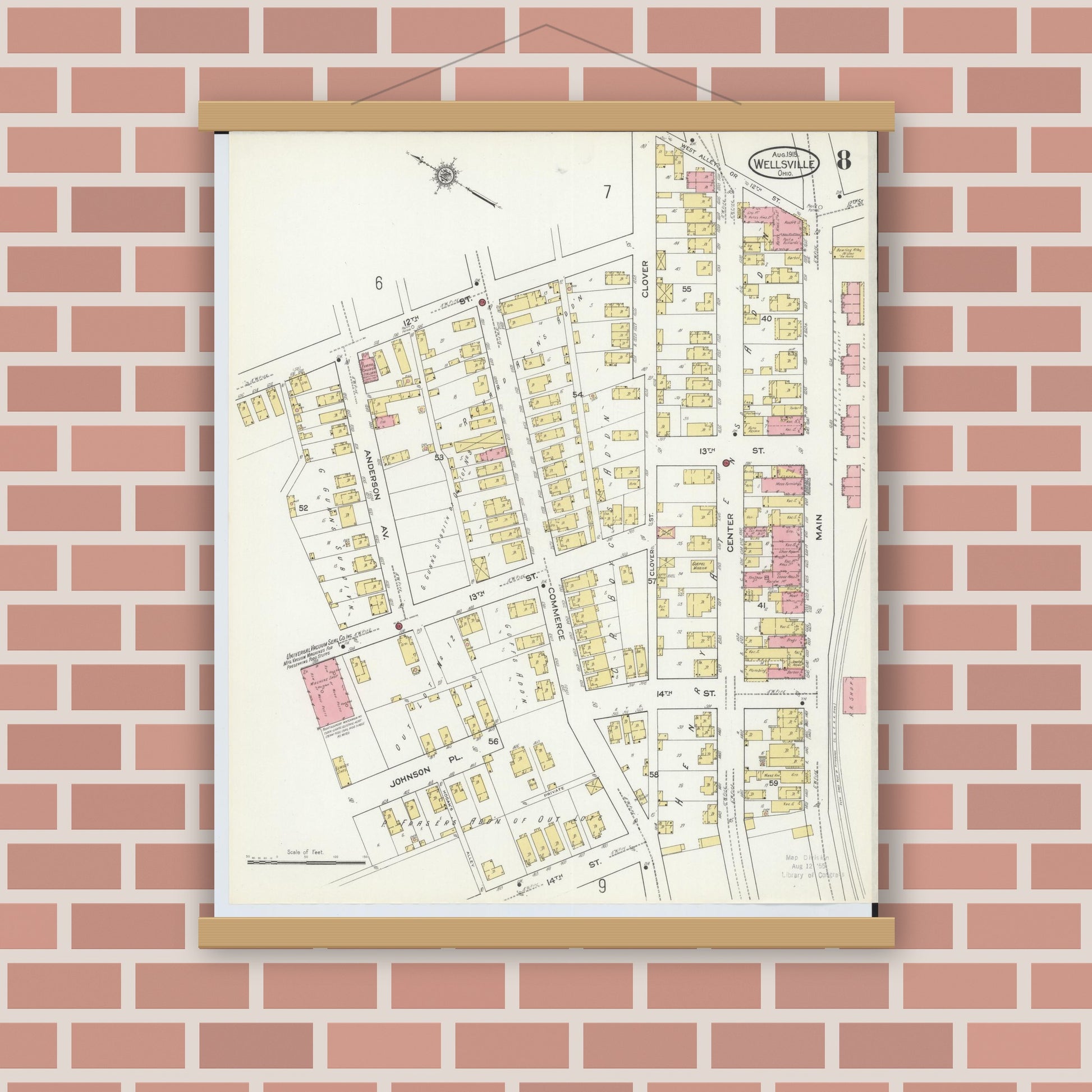 Old map wall art mockup — magnetic wood frame on brick wall — Sanborn Fire Insurance Map from Wellsville, Columbiana County, Ohio (1915), Sheet #0008