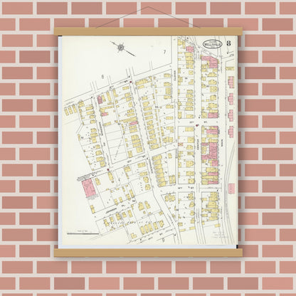 Old map wall art mockup — magnetic wood frame on brick wall — Sanborn Fire Insurance Map from Wellsville, Columbiana County, Ohio (1915), Sheet #0008