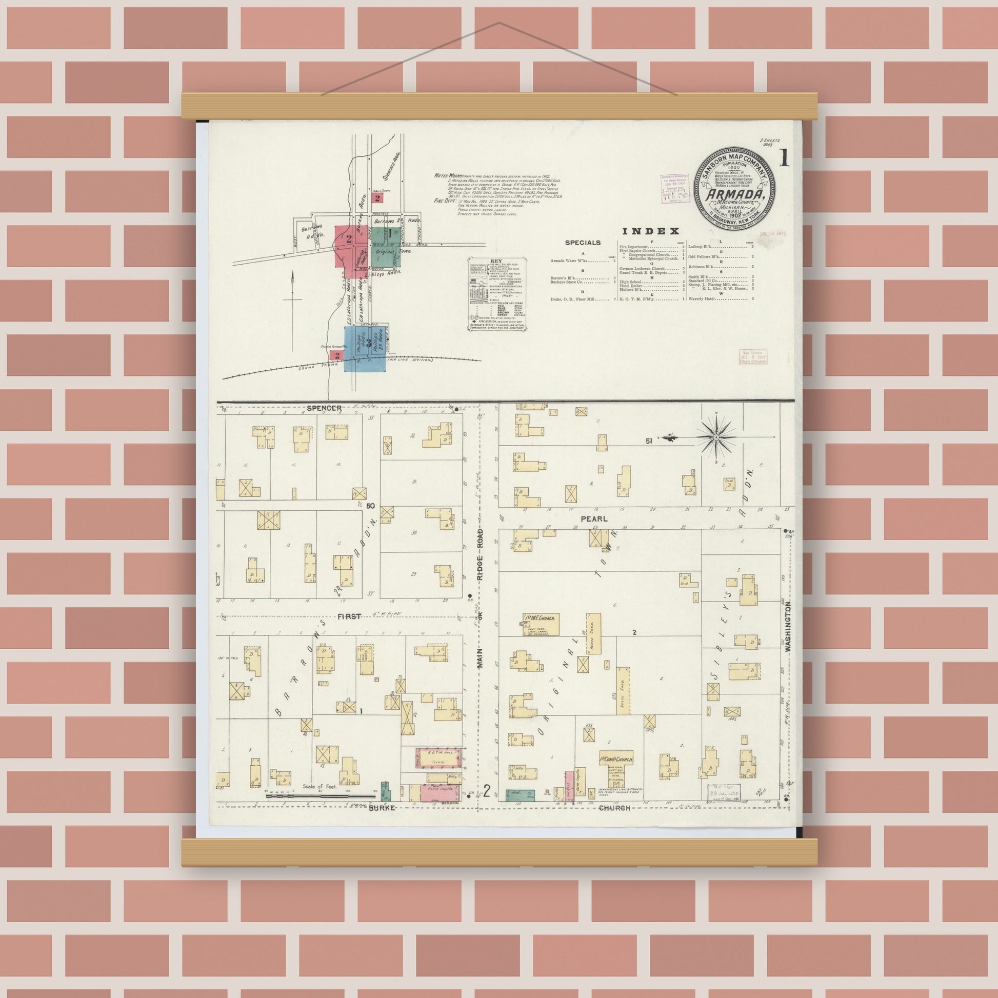 Old map wall art mockup — magnetic wood frame on brick wall — Sanborn Fire Insurance Map from Armada, Macomb County, Michigan (1907), Sheet #0001