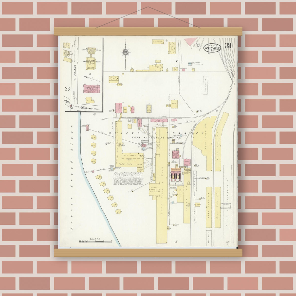 Old map wall art mockup — magnetic wood frame on brick wall — Sanborn Fire Insurance Map from Asheville, Buncombe County, North Carolina (1913), Sheet #0031