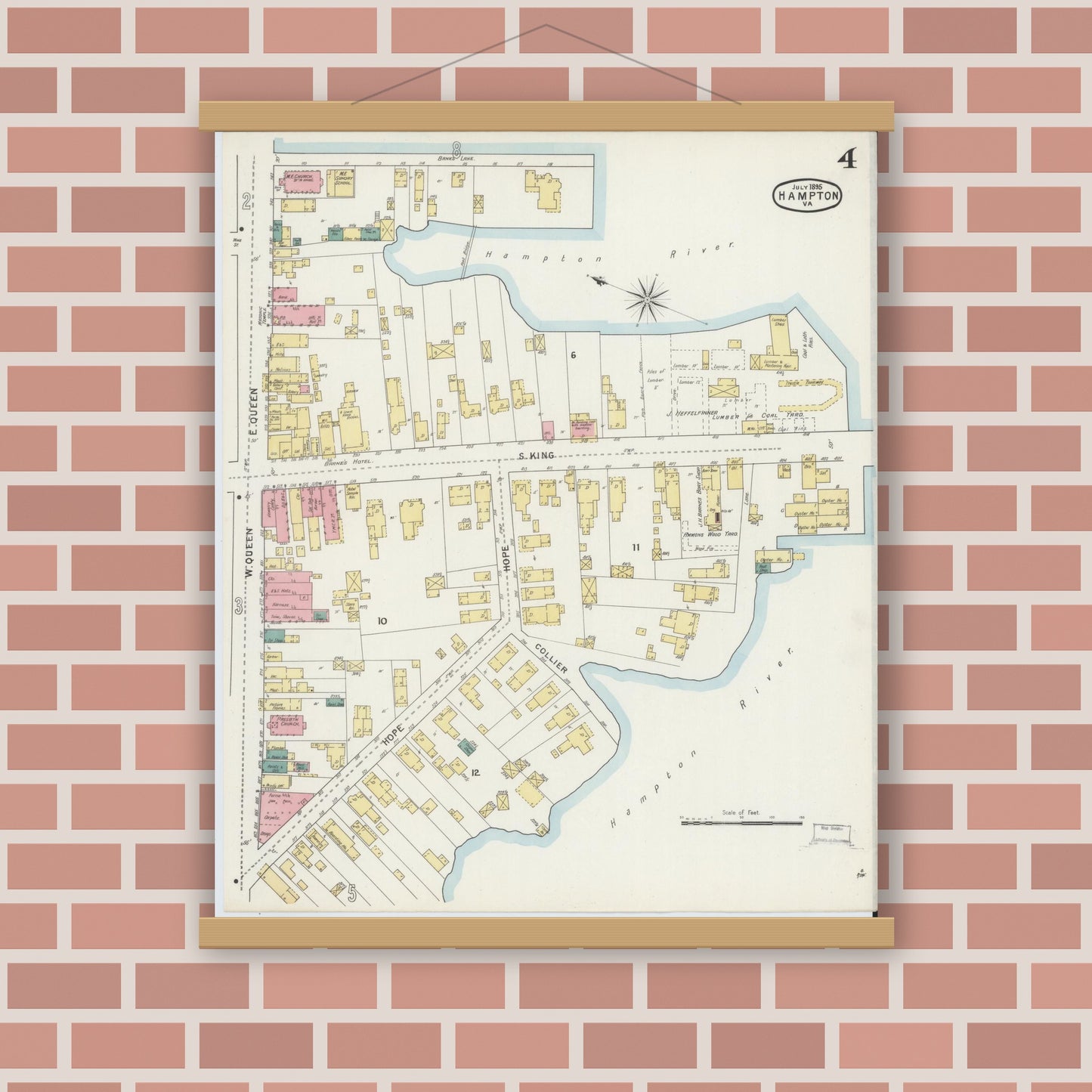 Old map wall art mockup — magnetic wood frame on brick wall — Sanborn Fire Insurance Map from Hampton, Independent Cities, Virginia (1895), Sheet #0004