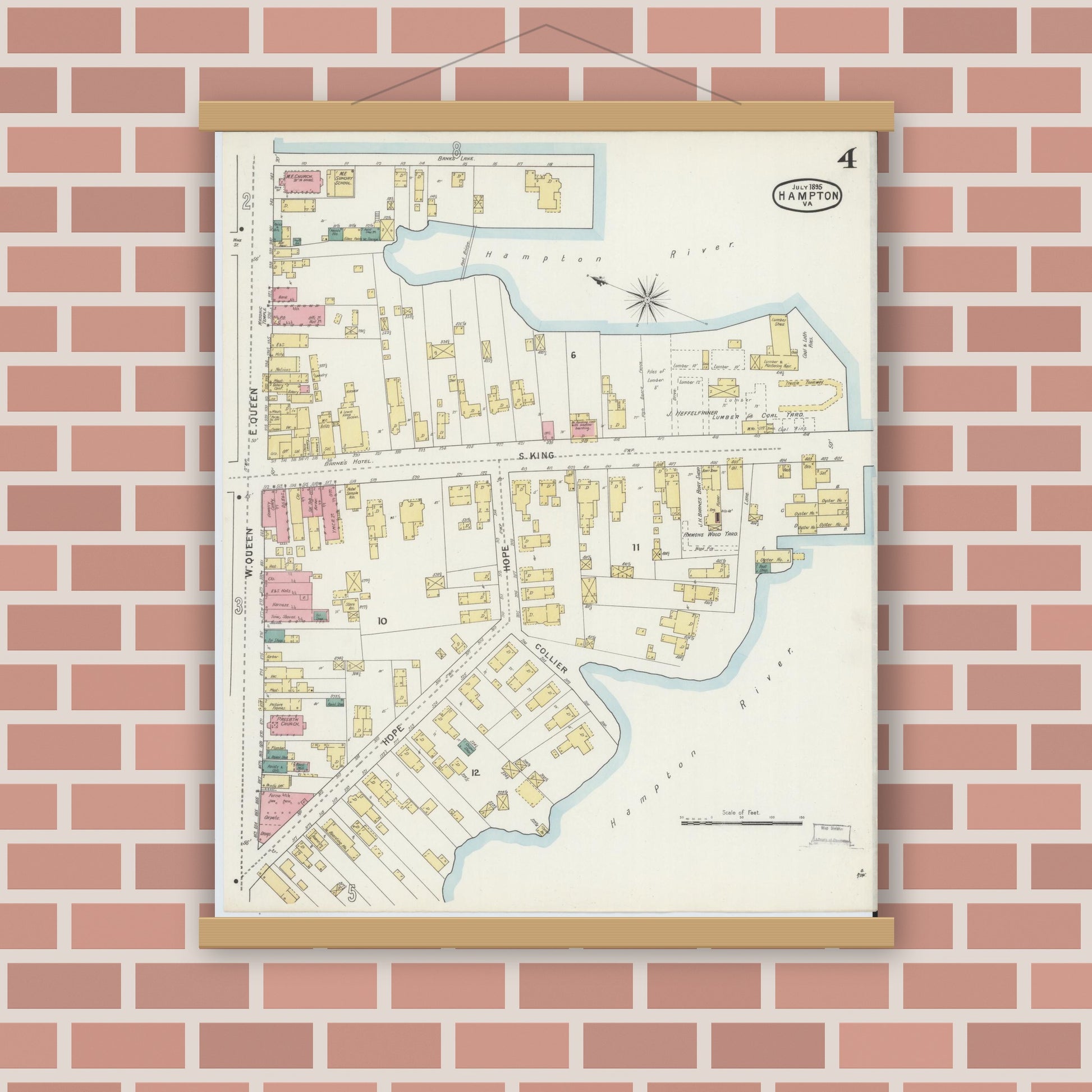 Old map wall art mockup — magnetic wood frame on brick wall — Sanborn Fire Insurance Map from Hampton, Independent Cities, Virginia (1895), Sheet #0004