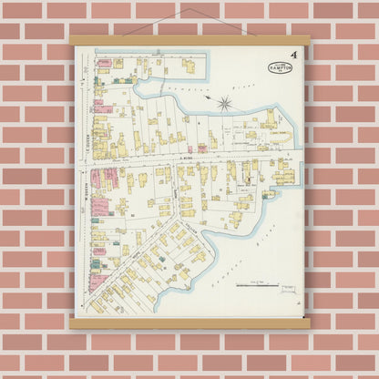 Old map wall art mockup — magnetic wood frame on brick wall — Sanborn Fire Insurance Map from Hampton, Independent Cities, Virginia (1895), Sheet #0004