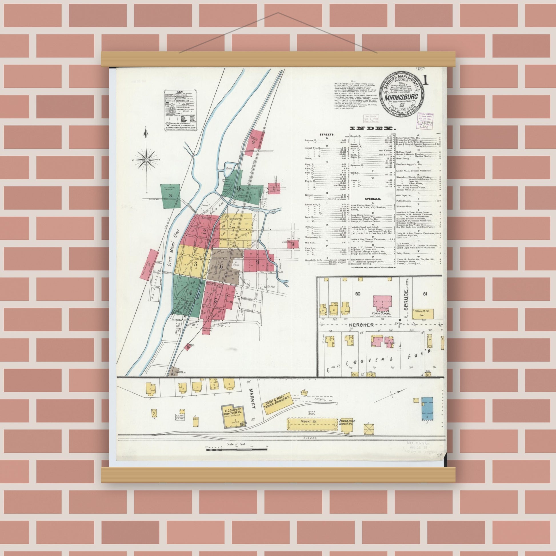 Old map wall art mockup — magnetic wood frame on brick wall — Sanborn Fire Insurance Map from Miamisburg, Montgomery County, Ohio (1905) - Complete Map Set