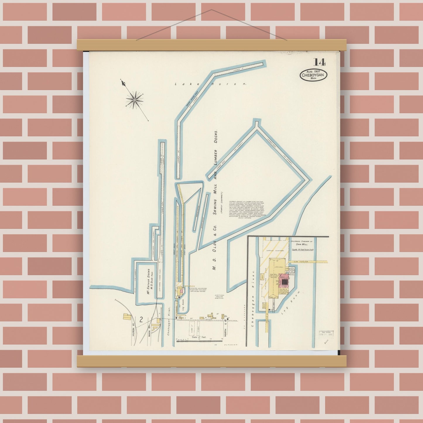 Old map wall art mockup — magnetic wood frame on brick wall — Sanborn Fire Insurance Map from Cheboygan, Cheboygan County, Michigan (1907), Sheet #0014