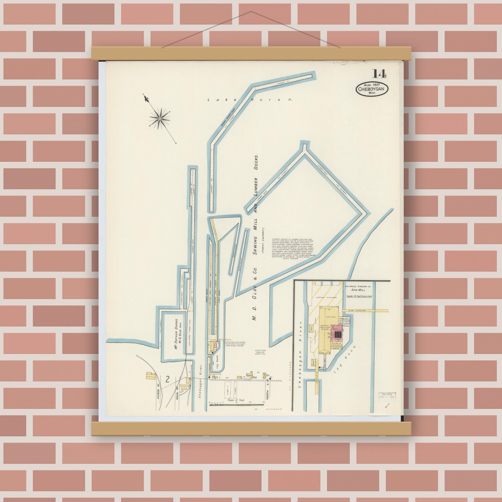 Old map wall art mockup — magnetic wood frame on brick wall — Sanborn Fire Insurance Map from Cheboygan, Cheboygan County, Michigan (1907), Sheet #0014