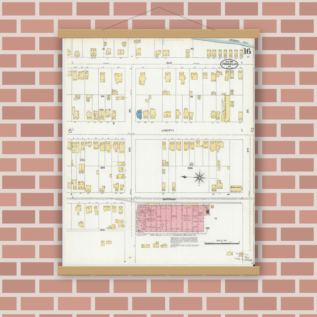 Old map wall art mockup — magnetic wood frame on brick wall — Sanborn Fire Insurance Map from Franklin, Venango County, Pennsylvania (1906), Sheet #0016