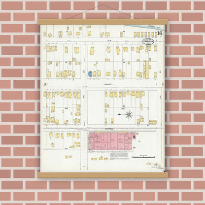 Old map wall art mockup — magnetic wood frame on brick wall — Sanborn Fire Insurance Map from Franklin, Venango County, Pennsylvania (1906), Sheet #0016