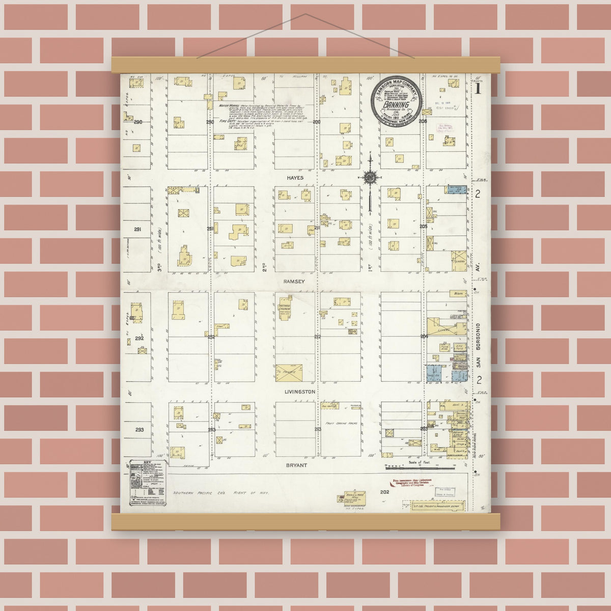 Old map wall art mockup — magnetic wood frame on brick wall — Sanborn Fire Insurance Map from Banning, Riverside County, California (1911), Sheet #0001