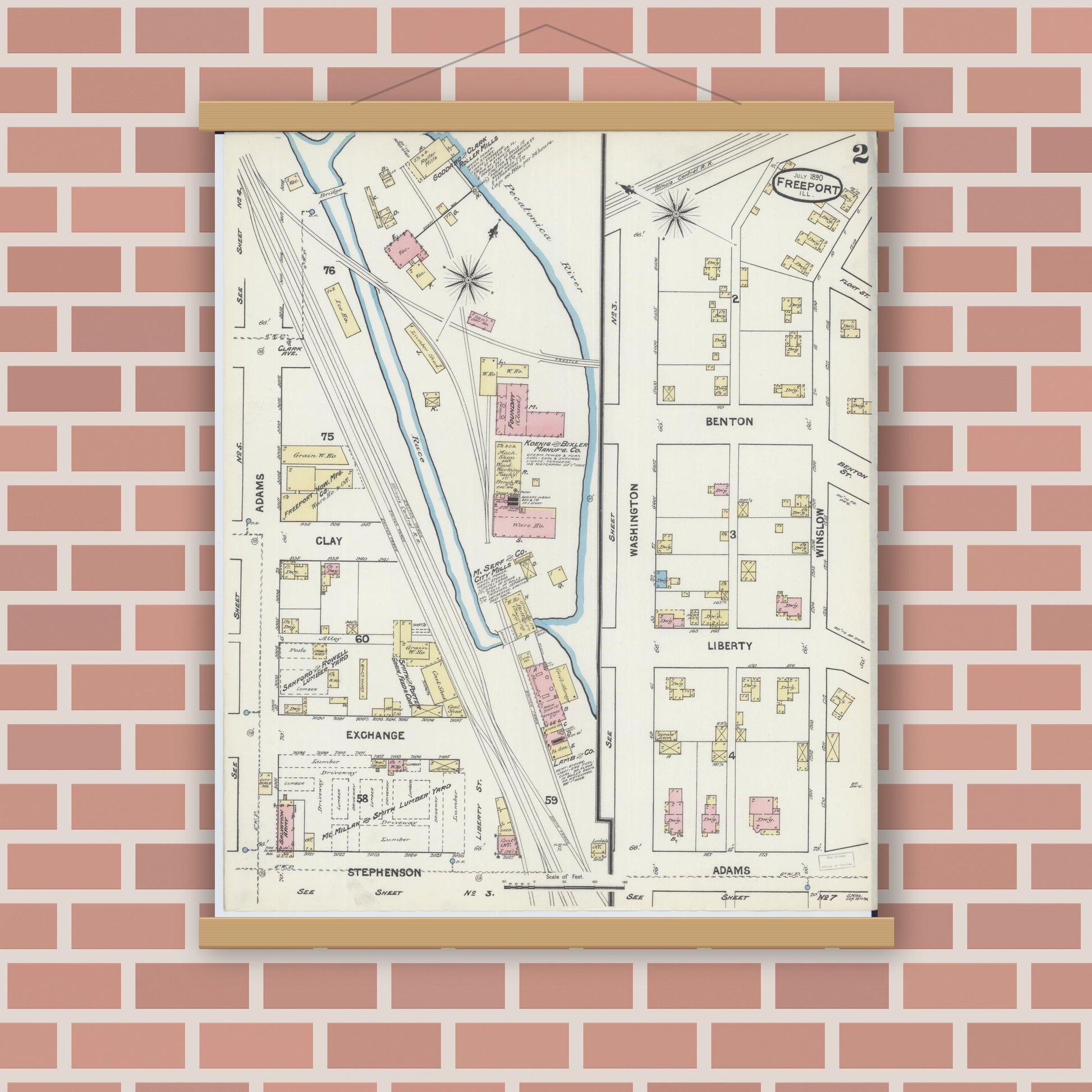 Old map wall art mockup — magnetic wood frame on brick wall — Sanborn Fire Insurance Map from Freeport, Stephenson County, Illinois (1890), Sheet #0002