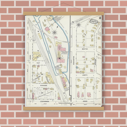 Old map wall art mockup — magnetic wood frame on brick wall — Sanborn Fire Insurance Map from Freeport, Stephenson County, Illinois (1890), Sheet #0002