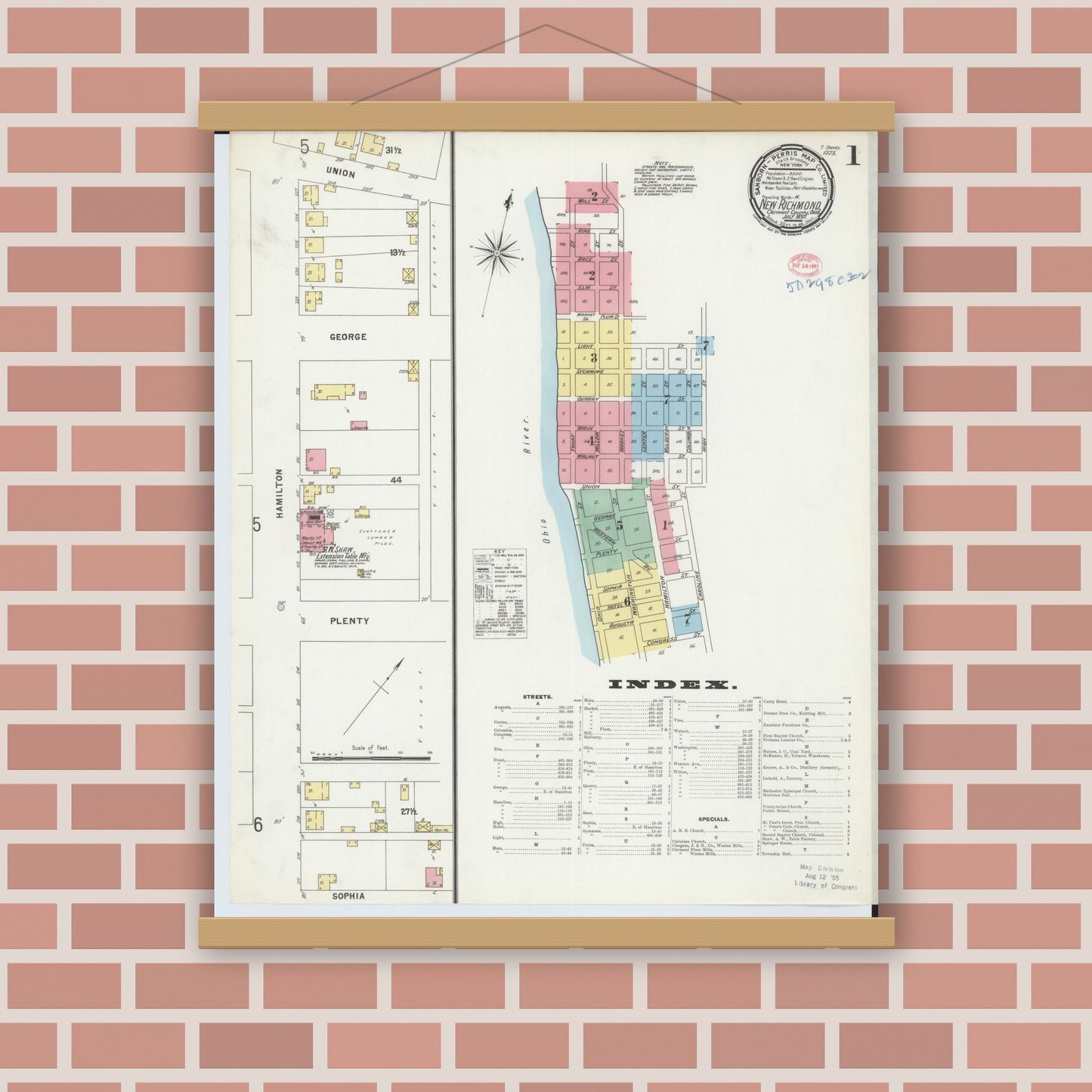 Old map wall art mockup — magnetic wood frame on brick wall — Sanborn Fire Insurance Map from New Richmond, Clermont County, Ohio (1897), Sheet #0001