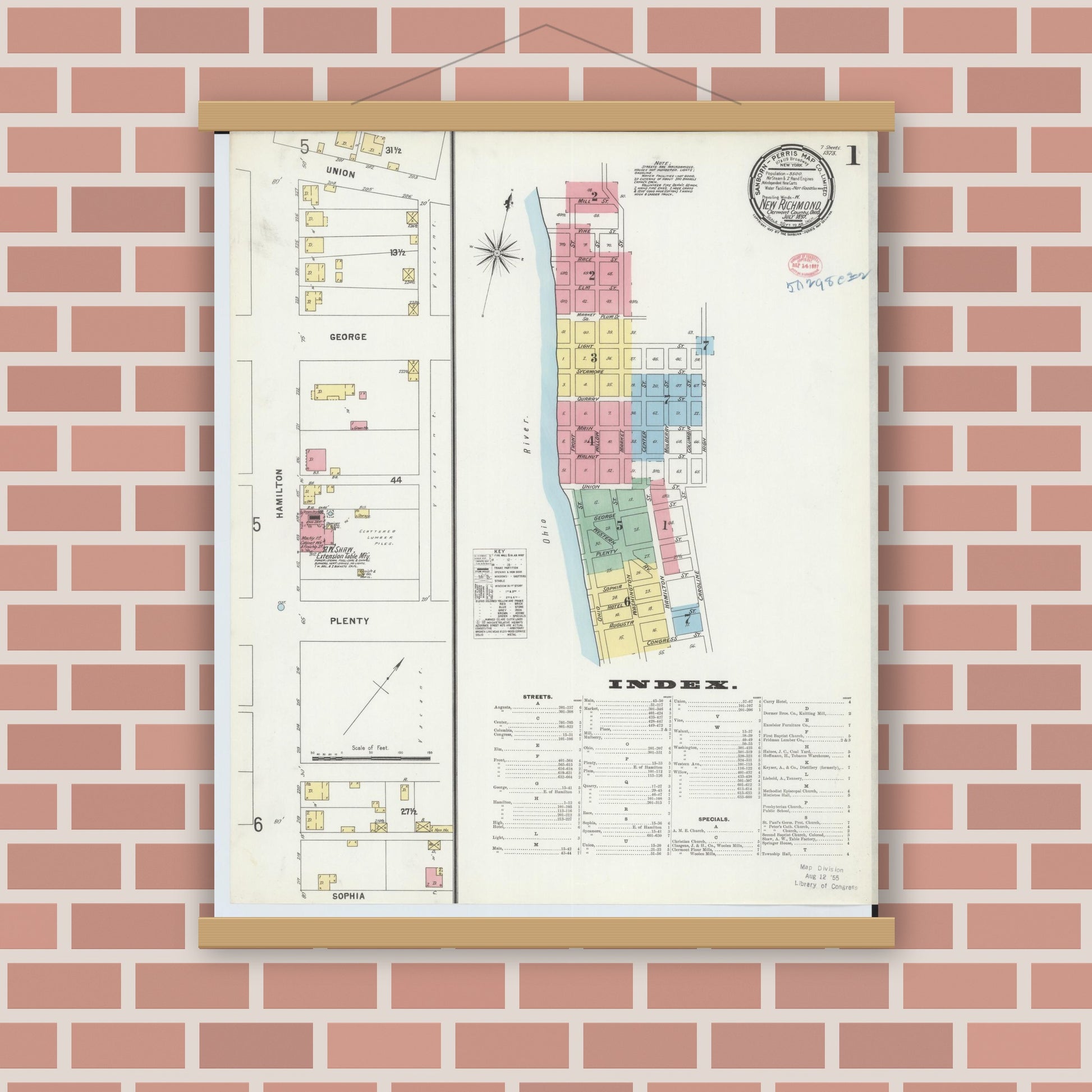 Old map wall art mockup — magnetic wood frame on brick wall — Sanborn Fire Insurance Map from New Richmond, Clermont County, Ohio (1897), Sheet #0001