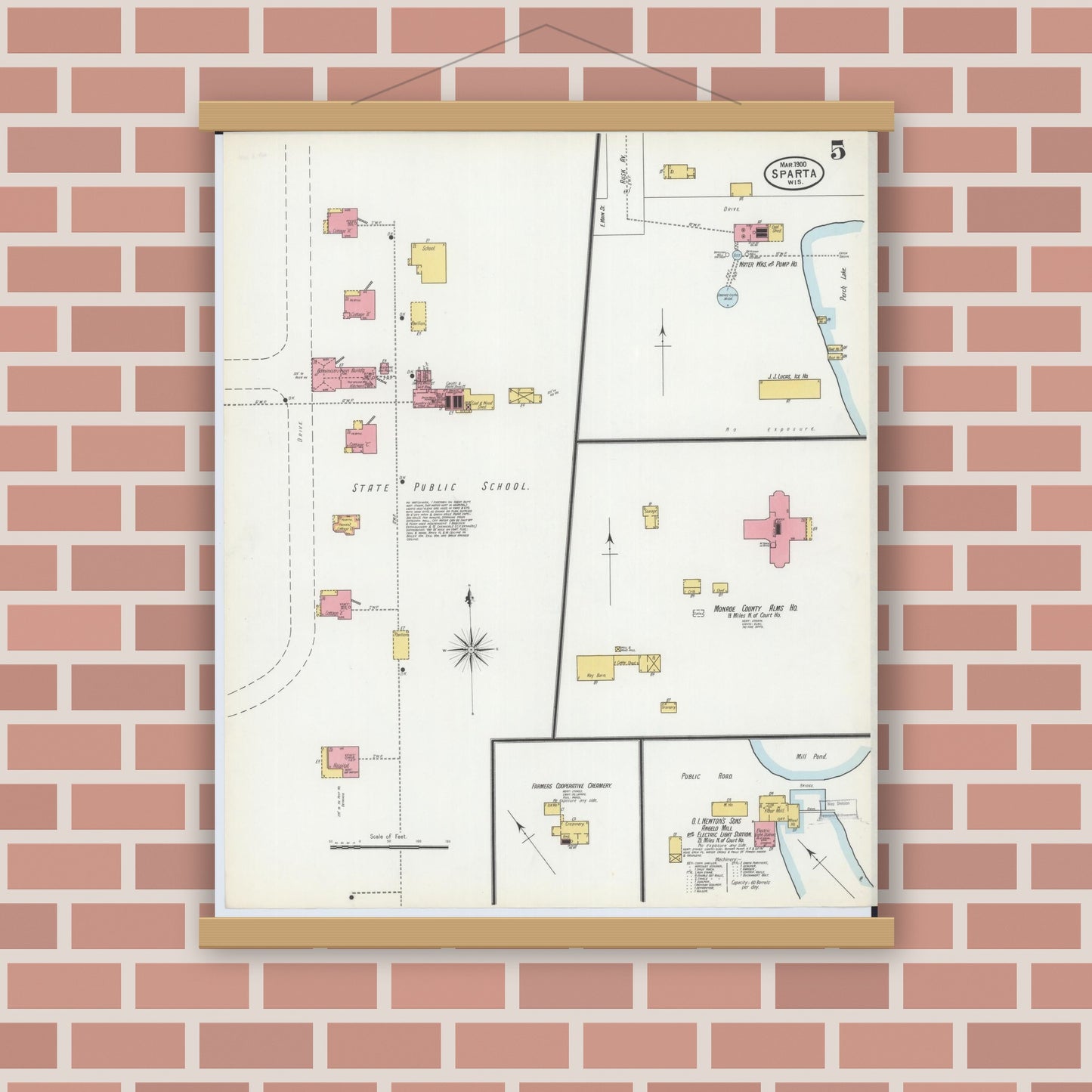 Old map wall art mockup — magnetic wood frame on brick wall — Sanborn Fire Insurance Map from Sparta, Monroe County, Wisconsin (1900), Sheet #0005