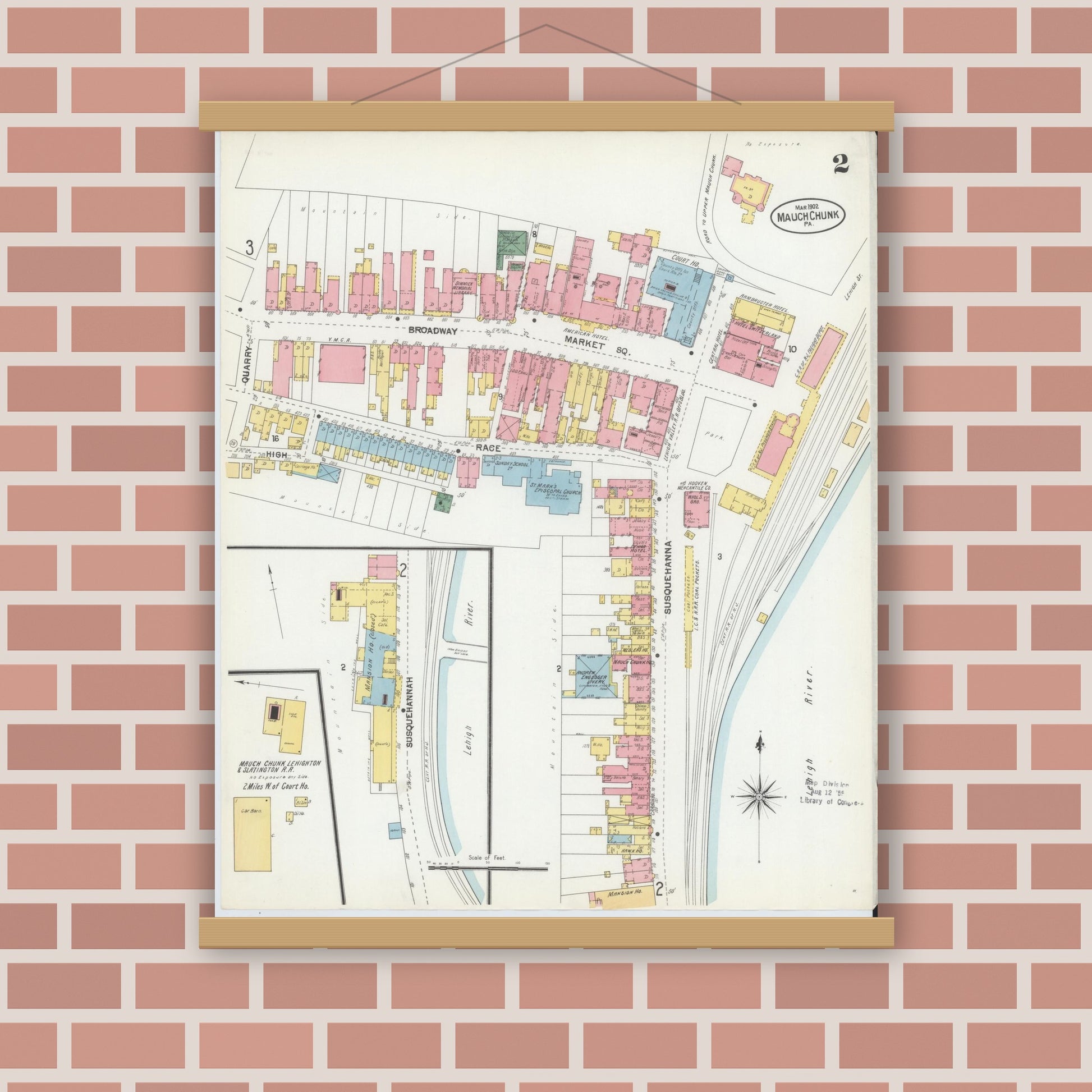 Old map wall art mockup — magnetic wood frame on brick wall — Sanborn Fire Insurance Map from Mauch Chunk, Carbon County, Pennsylvania (1902), Sheet #0002