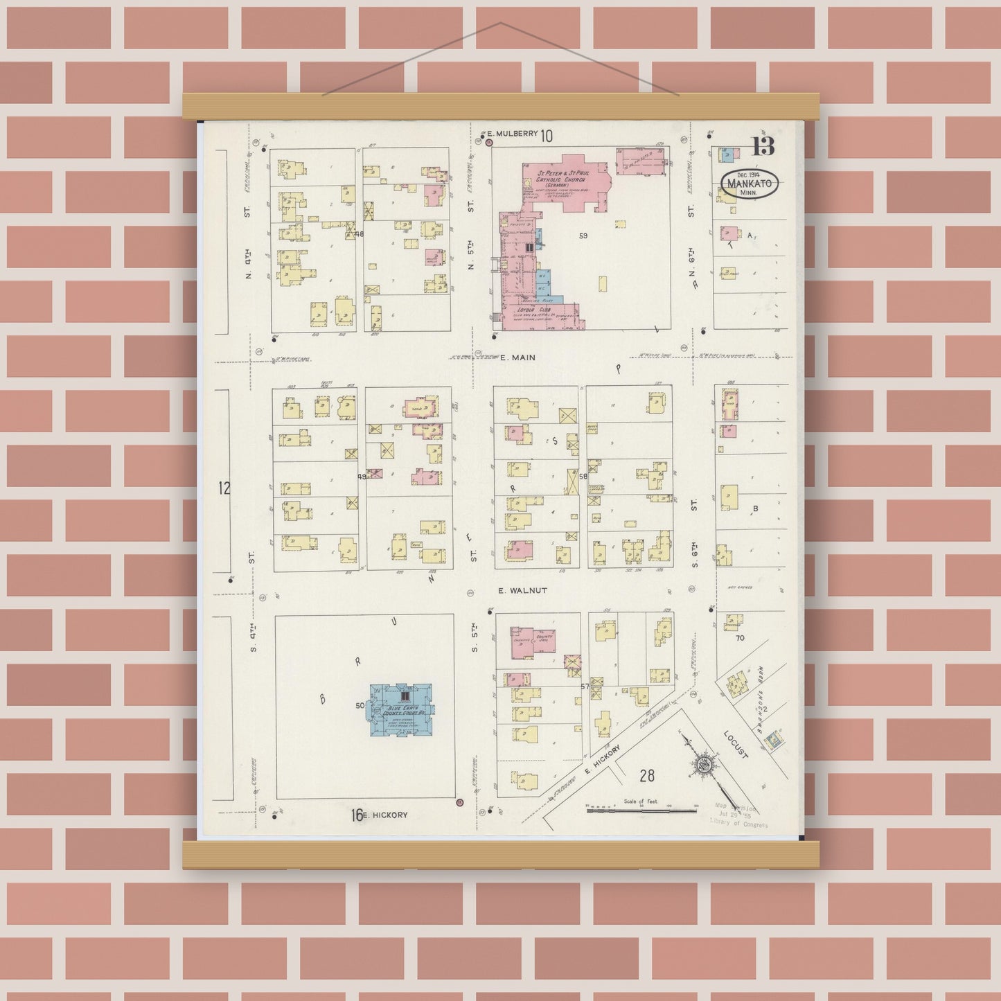 Old map wall art mockup — magnetic wood frame on brick wall — Sanborn Fire Insurance Map from Mankato, Blue Earth County, Minnesota (1914), Sheet #0013