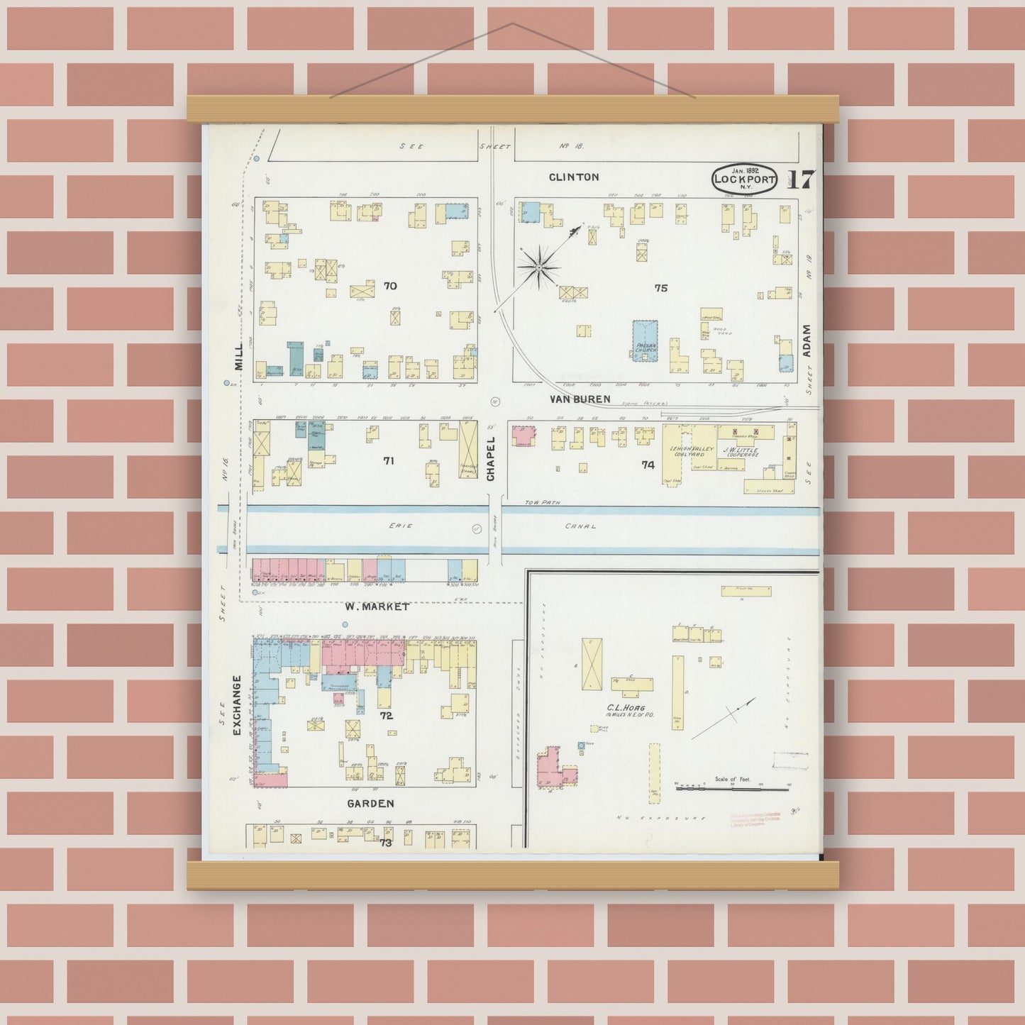 Old map wall art mockup — magnetic wood frame on brick wall — Sanborn Fire Insurance Map from Lockport, Niagara County, New York (1892), Sheet #0017