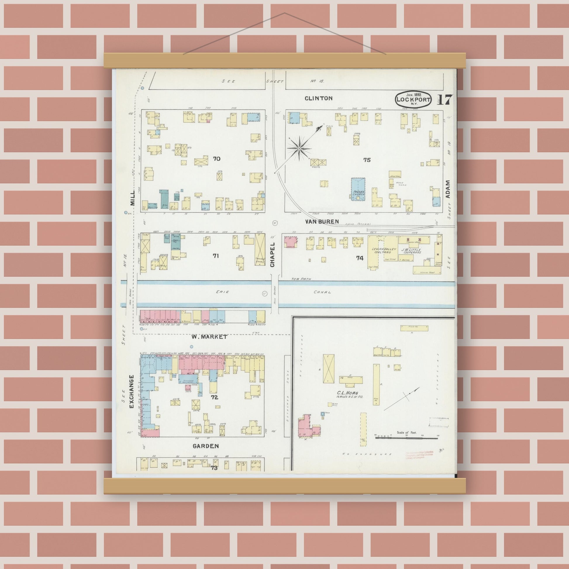 Old map wall art mockup — magnetic wood frame on brick wall — Sanborn Fire Insurance Map from Lockport, Niagara County, New York (1892), Sheet #0017