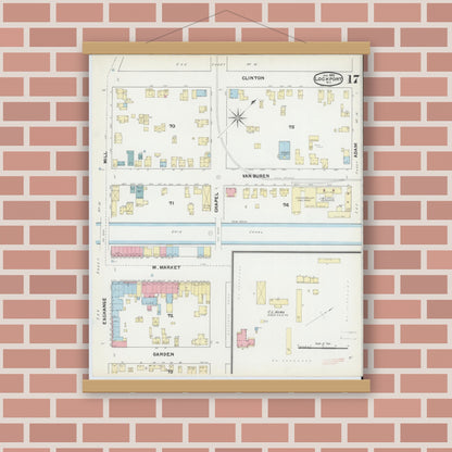 Old map wall art mockup — magnetic wood frame on brick wall — Sanborn Fire Insurance Map from Lockport, Niagara County, New York (1892), Sheet #0017