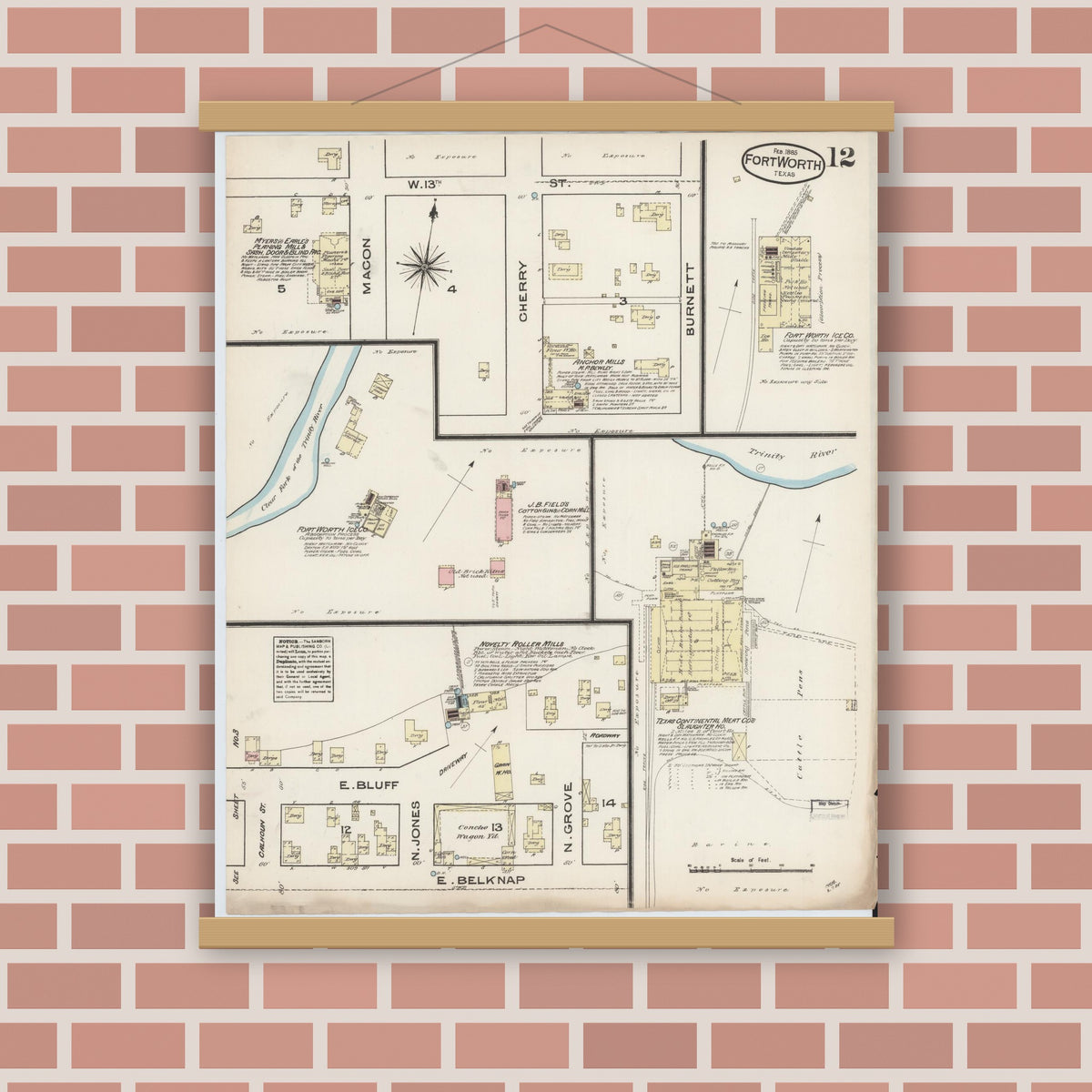 Old map wall art mockup — magnetic wood frame on brick wall — Sanborn Fire Insurance Map from Fort Worth, Tarrant County, Texas (1885), Sheet #0012
