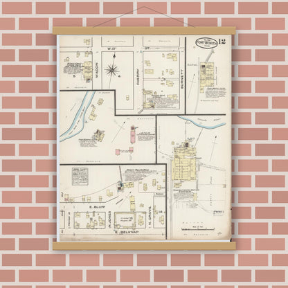 Old map wall art mockup — magnetic wood frame on brick wall — Sanborn Fire Insurance Map from Fort Worth, Tarrant County, Texas (1885), Sheet #0012