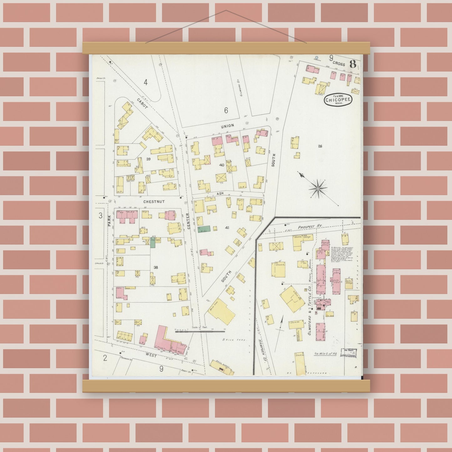 Old map wall art mockup — magnetic wood frame on brick wall — Sanborn Fire Insurance Map from Chicopee, Hampden County, Massachusetts (1896), Sheet #0008