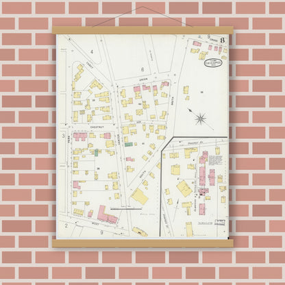 Old map wall art mockup — magnetic wood frame on brick wall — Sanborn Fire Insurance Map from Chicopee, Hampden County, Massachusetts (1896), Sheet #0008