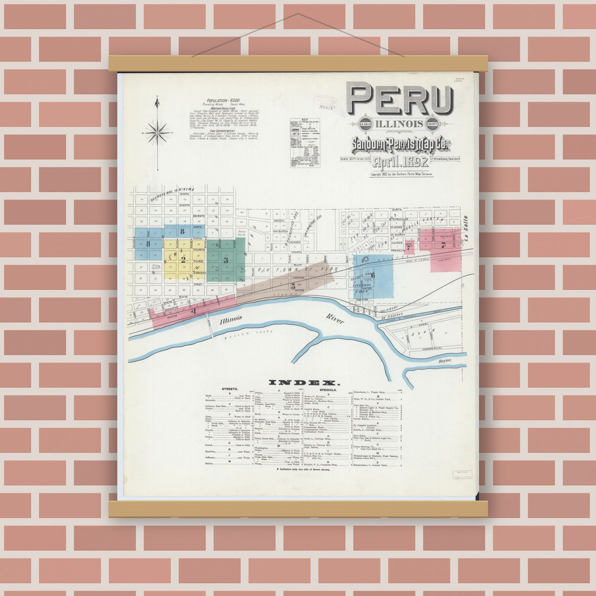 Old map wall art mockup — magnetic wood frame on brick wall — Sanborn Fire Insurance Map from Peru, La Salle County, Illinois (1892) - Complete Map Set