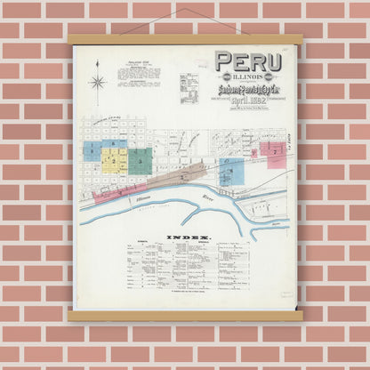 Old map wall art mockup — magnetic wood frame on brick wall — Sanborn Fire Insurance Map from Peru, La Salle County, Illinois (1892) - Complete Map Set