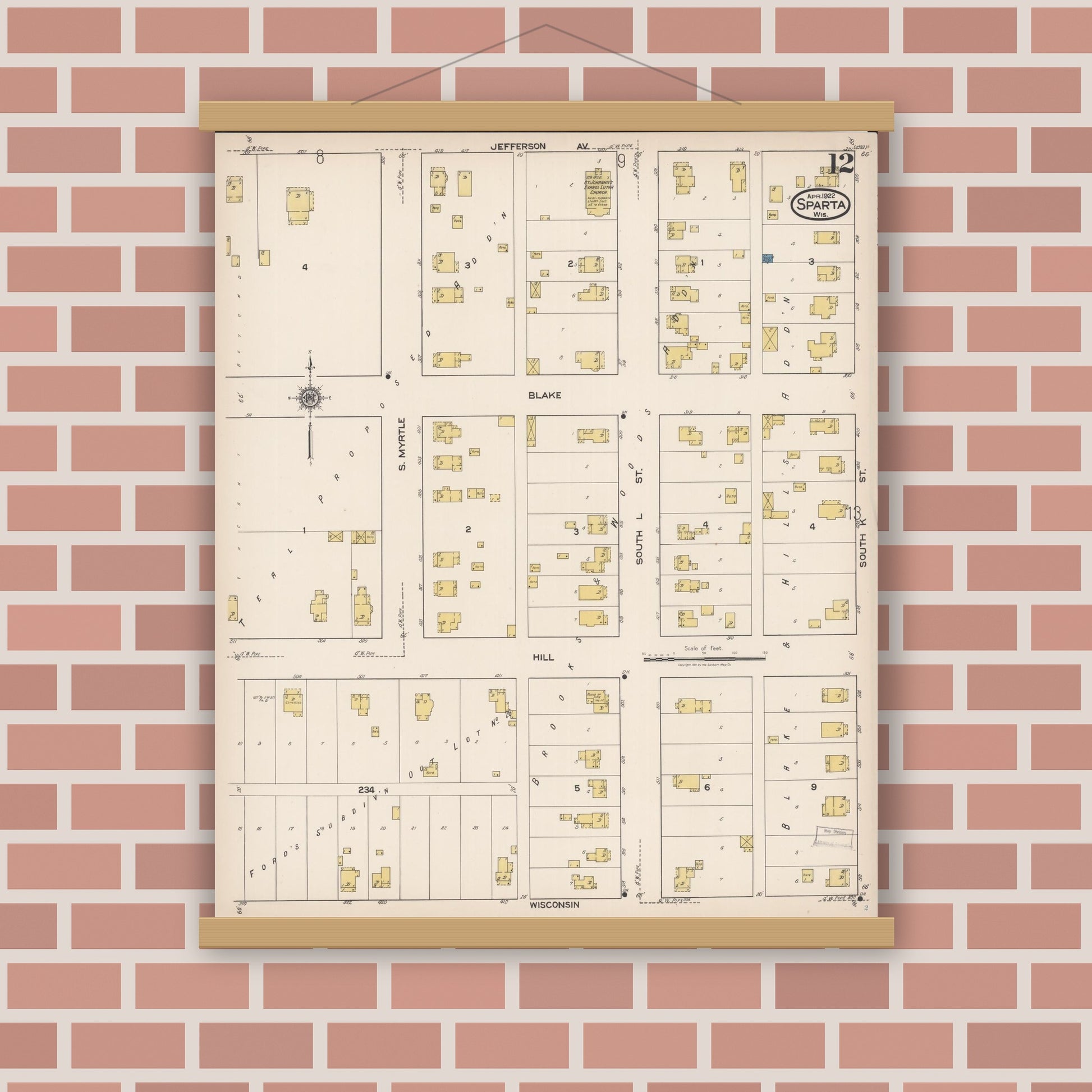 Old map wall art mockup — magnetic wood frame on brick wall — Sanborn Fire Insurance Map from Sparta, Monroe County, Wisconsin (1922), Sheet #0012