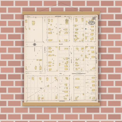 Old map wall art mockup — magnetic wood frame on brick wall — Sanborn Fire Insurance Map from Sparta, Monroe County, Wisconsin (1922), Sheet #0012
