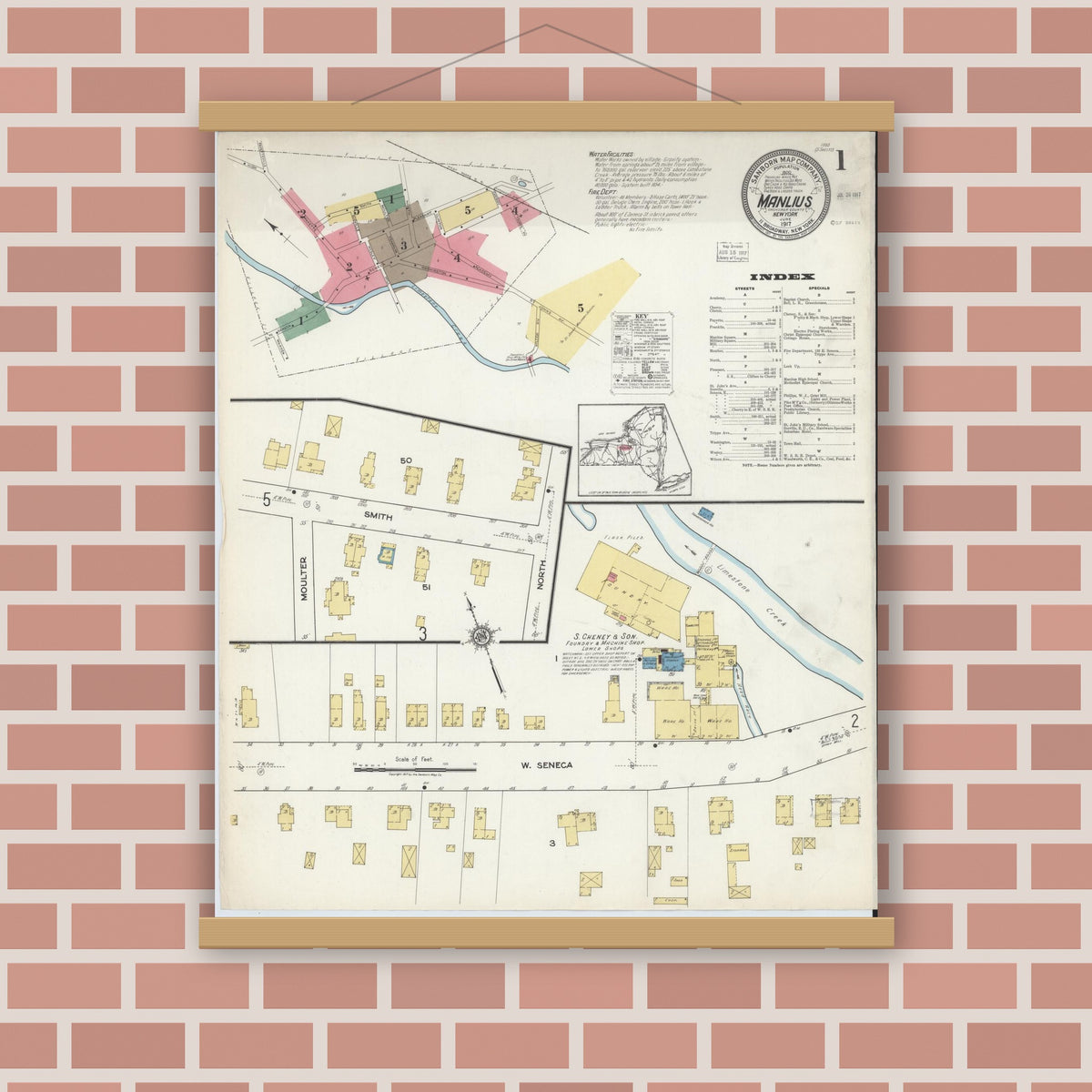 Old map wall art mockup — magnetic wood frame on brick wall — Sanborn Fire Insurance Map from Manlius, Onondaga County, New York (1917) - Complete Map Set