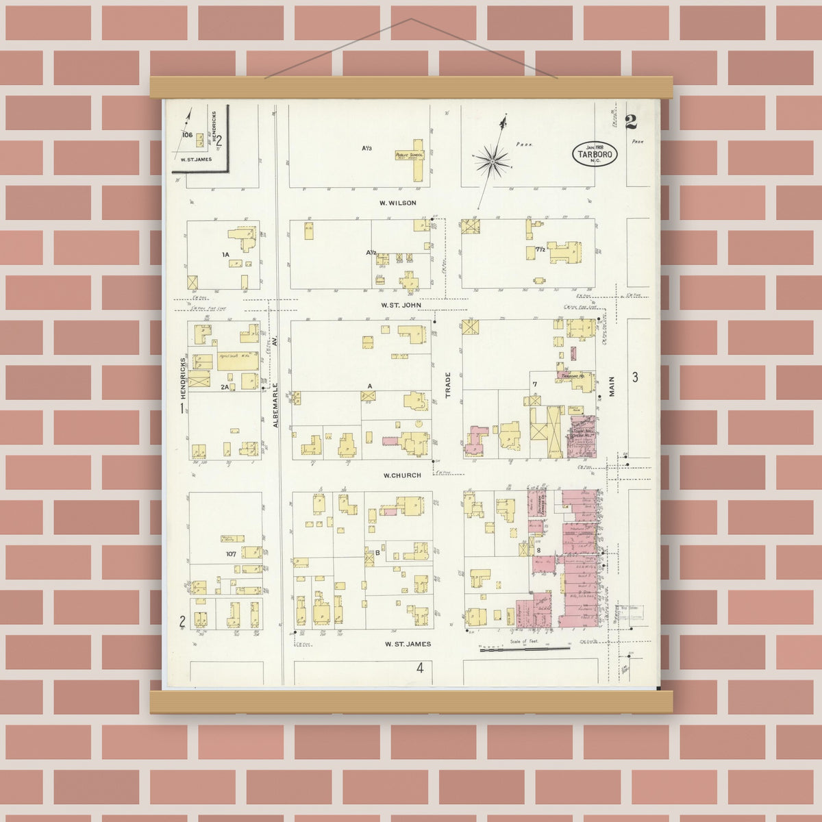 Old map wall art mockup — magnetic wood frame on brick wall — Sanborn Fire Insurance Map from Tarboro, Edgecombe County, North Carolina (1908), Sheet #0002