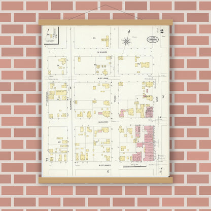 Old map wall art mockup — magnetic wood frame on brick wall — Sanborn Fire Insurance Map from Tarboro, Edgecombe County, North Carolina (1908), Sheet #0002