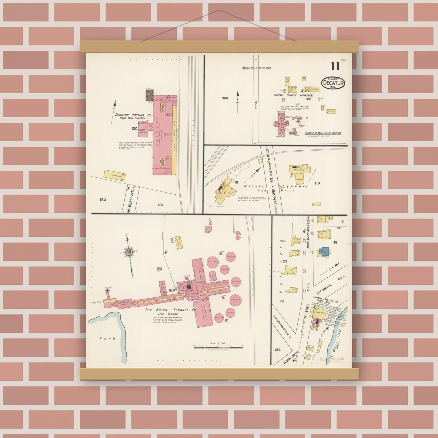 Old map wall art mockup — magnetic wood frame on brick wall — Sanborn Fire Insurance Map from Decatur, Adams County, Indiana (1922), Sheet #0011
