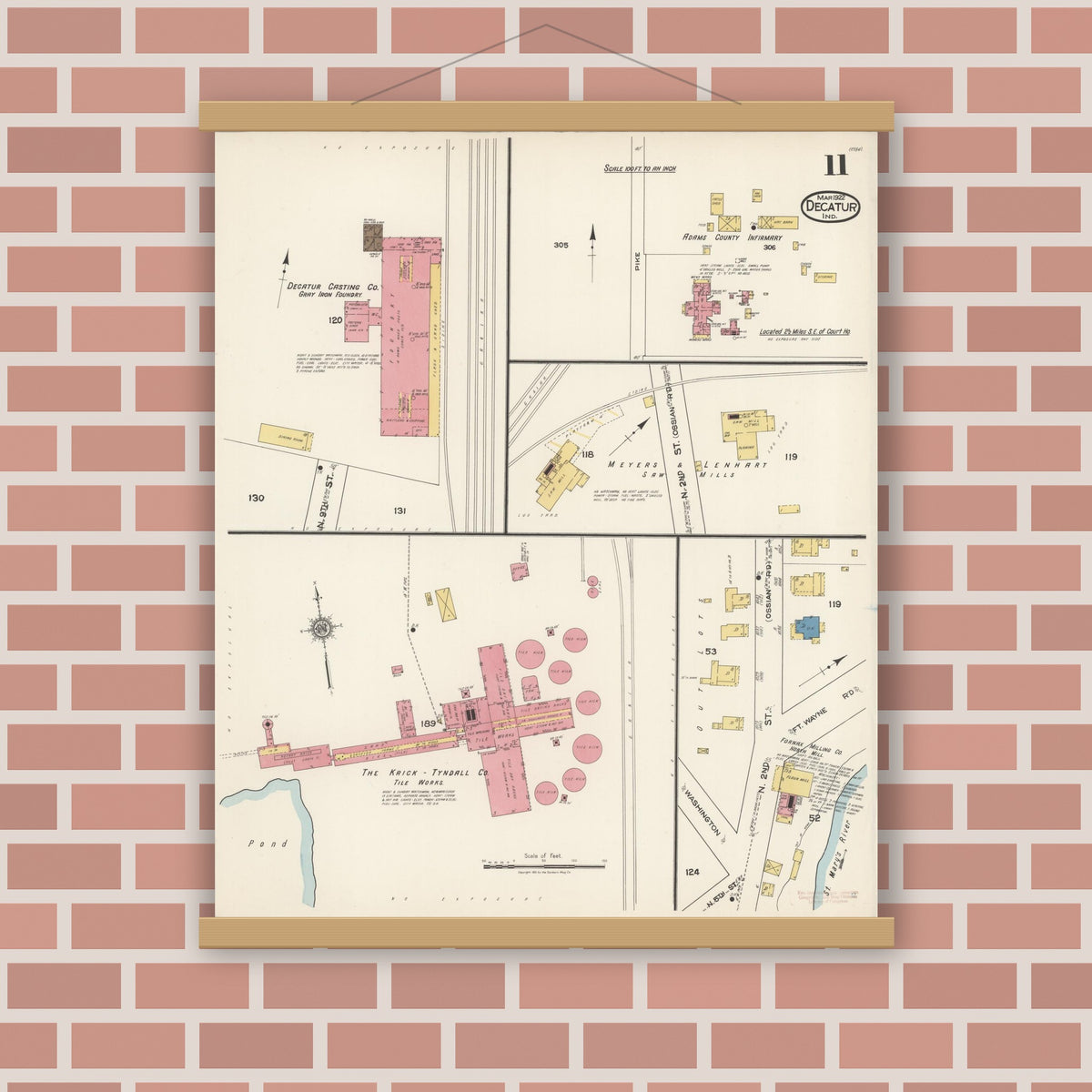 Old map wall art mockup — magnetic wood frame on brick wall — Sanborn Fire Insurance Map from Decatur, Adams County, Indiana (1922), Sheet #0011