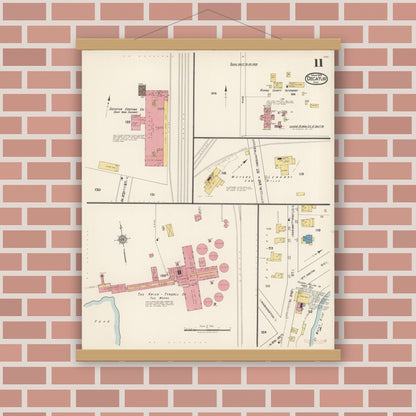 Old map wall art mockup — magnetic wood frame on brick wall — Sanborn Fire Insurance Map from Decatur, Adams County, Indiana (1922), Sheet #0011