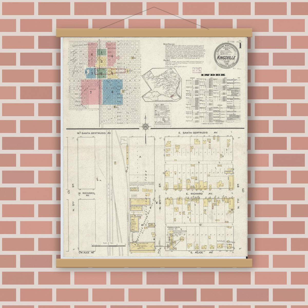 Old map wall art mockup — magnetic wood frame on brick wall — Sanborn Fire Insurance Map from Kingsville, Kleberg County, Texas (1915), Sheet #0001